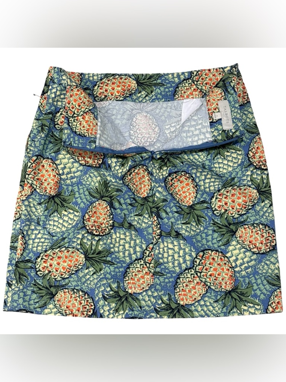 Talbots Pineapple Print Skirt Women's Blue Green Yellow Size 4 Stretch Cotton - Picture 4 of 10
